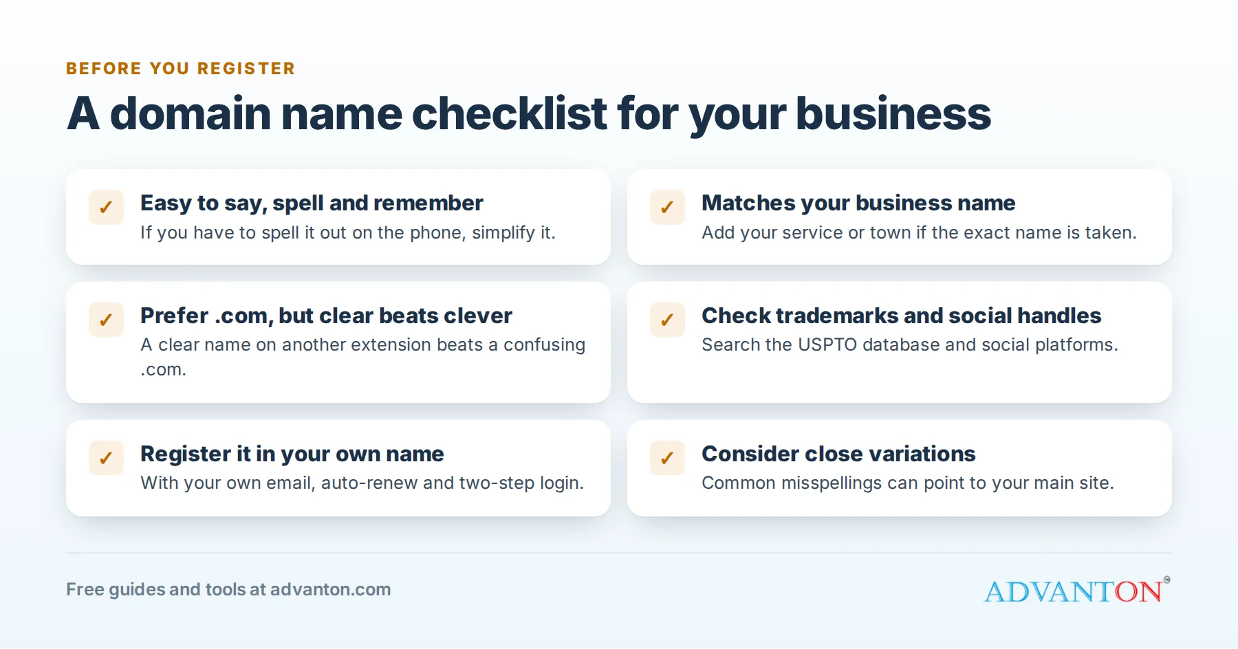 Domain name checklist: easy to say and spell, matches your business name, prefer .com, check trademarks and social handles, register in your own name, consider variations
