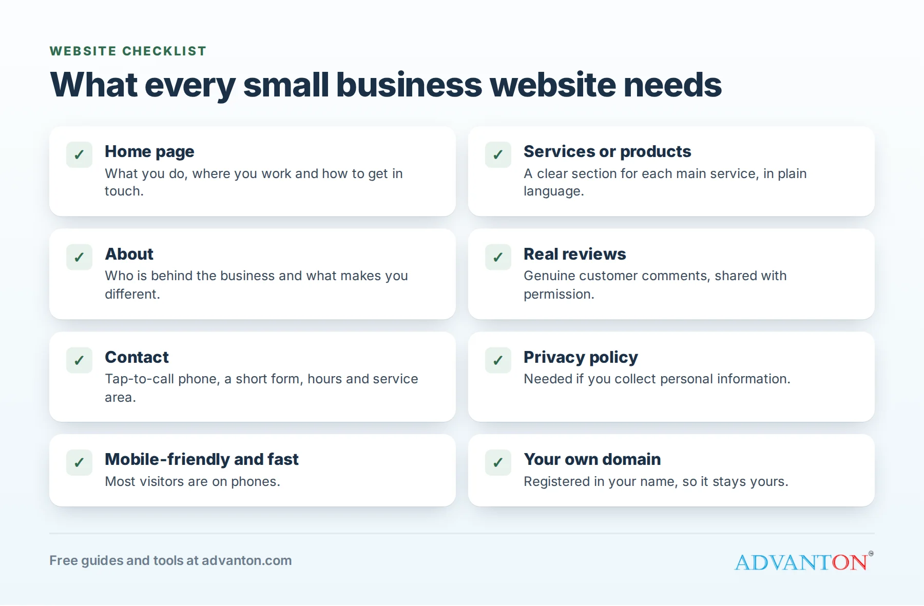 Checklist of what every small business website needs: home page, services, about, real reviews, contact, privacy policy, mobile-friendly design and your own domain