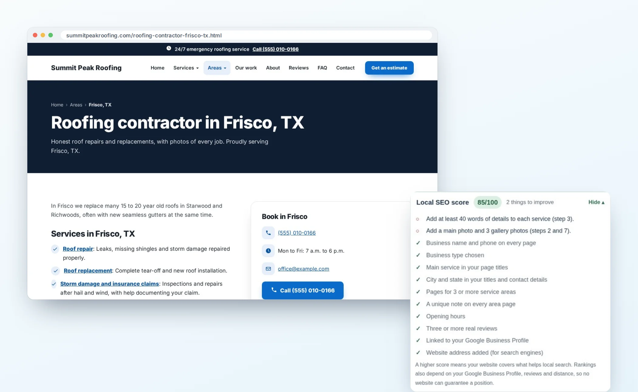 A roofing contractor's area page for Frisco, TX, with the town in its web address and title, and the builder's Local SEO score