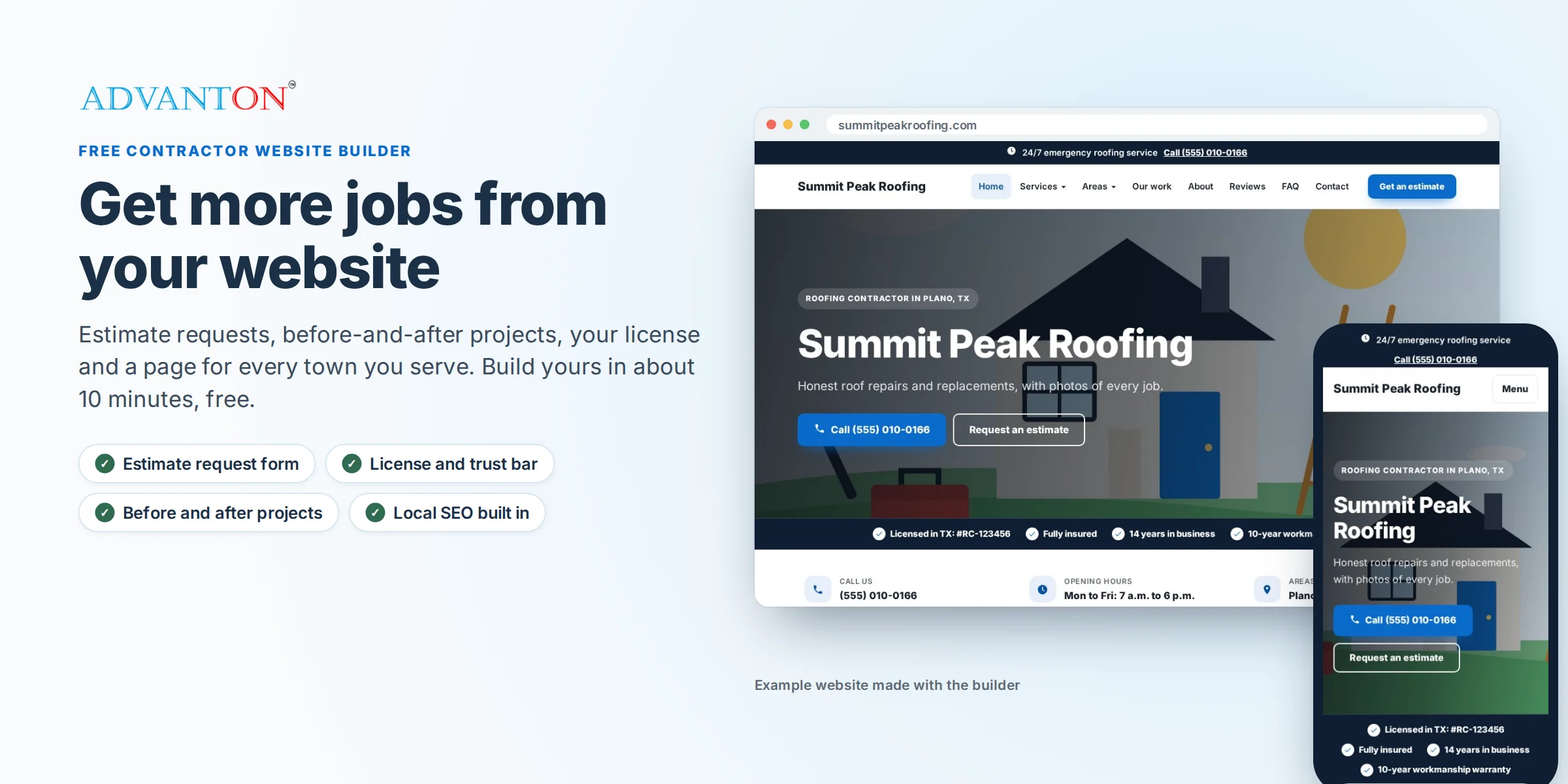 Get more jobs from your website: an example contractor website made with Advanton's free builder, with estimate requests, license badges, projects and local SEO
