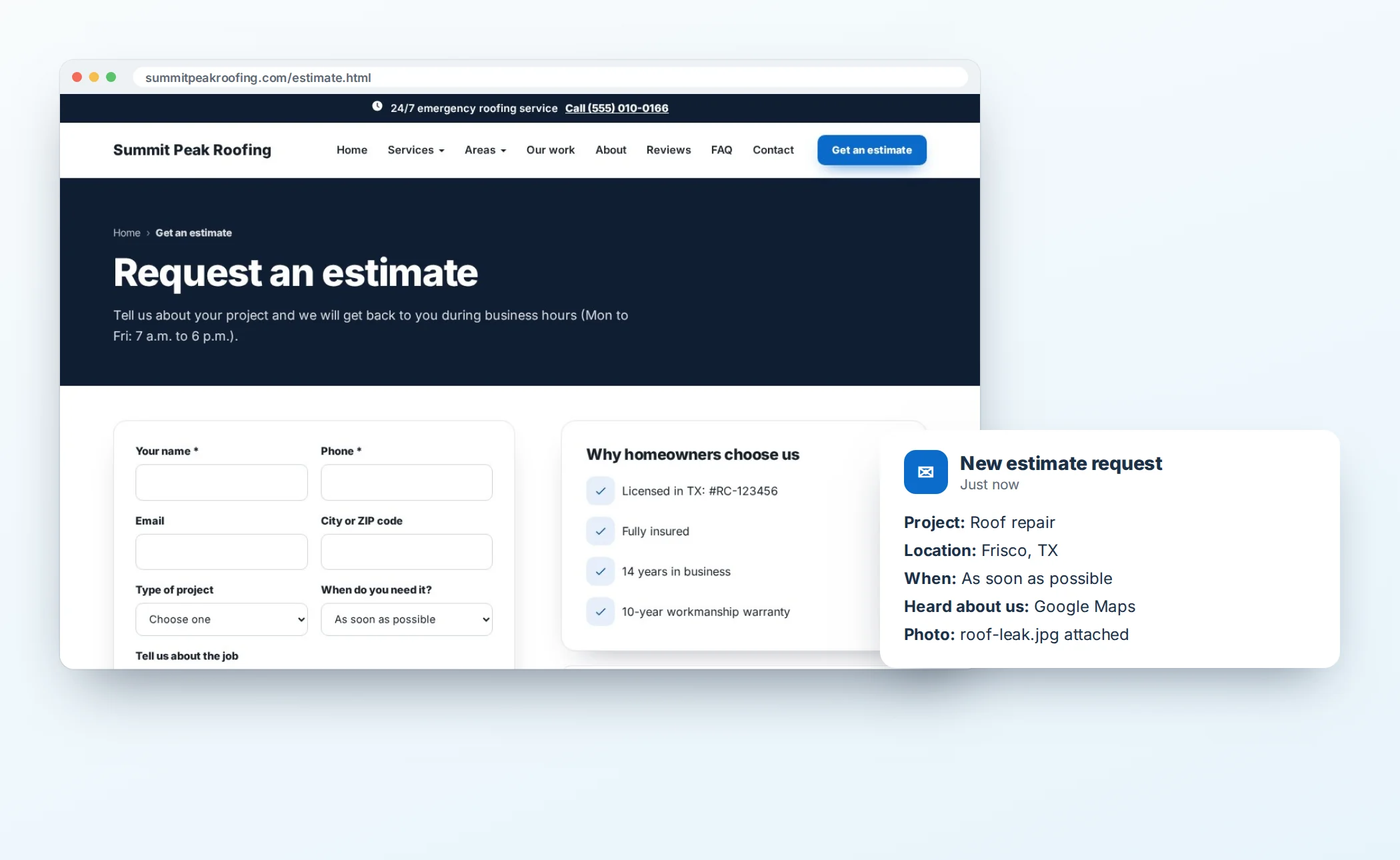 An estimate request form on a contractor website, and the request notification the contractor receives