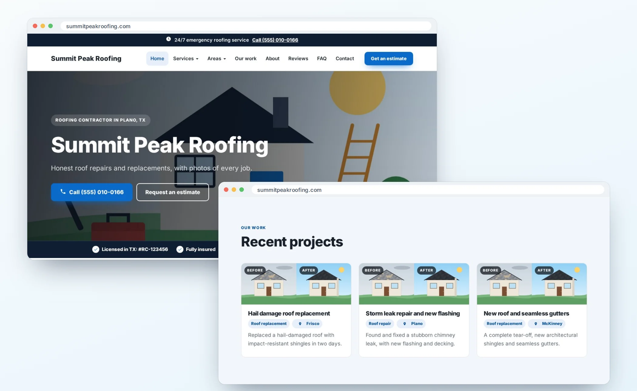 A contractor website's trust bar showing license number, insurance, years in business and warranty, with before-and-after project photos