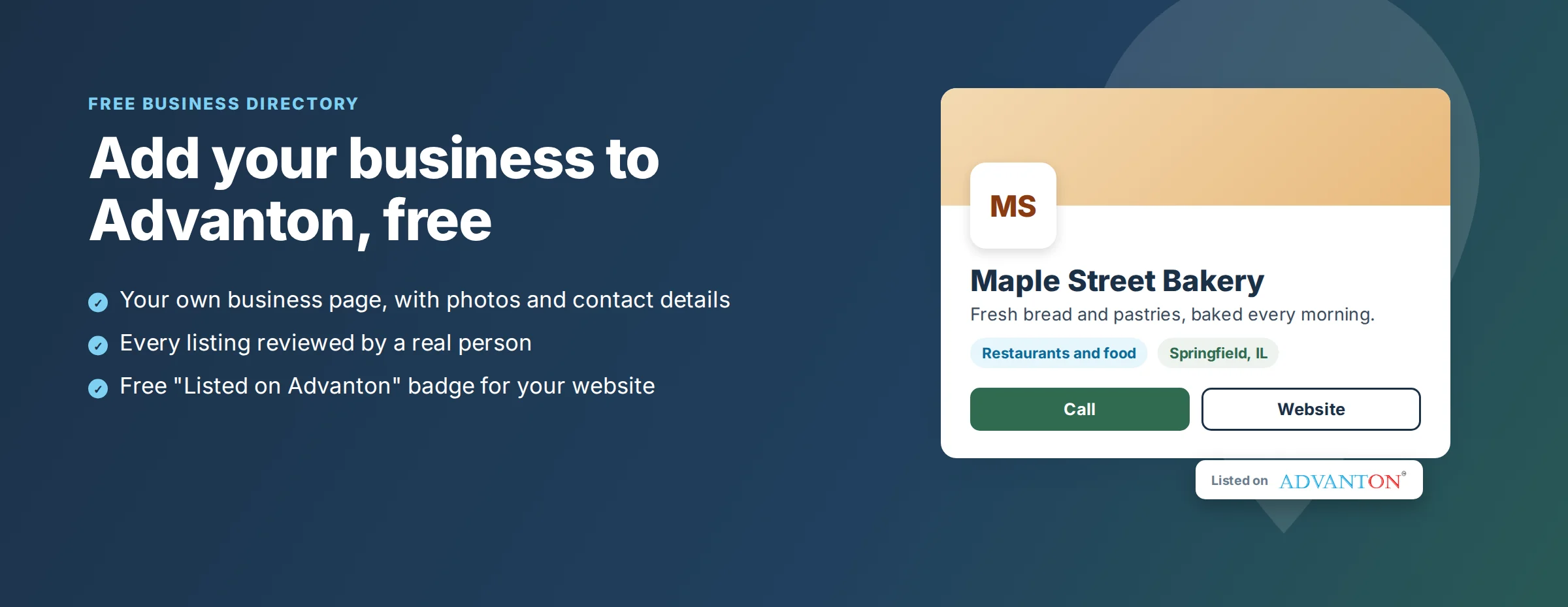 Add your business to the free Advanton directory: example listing for a local bakery
