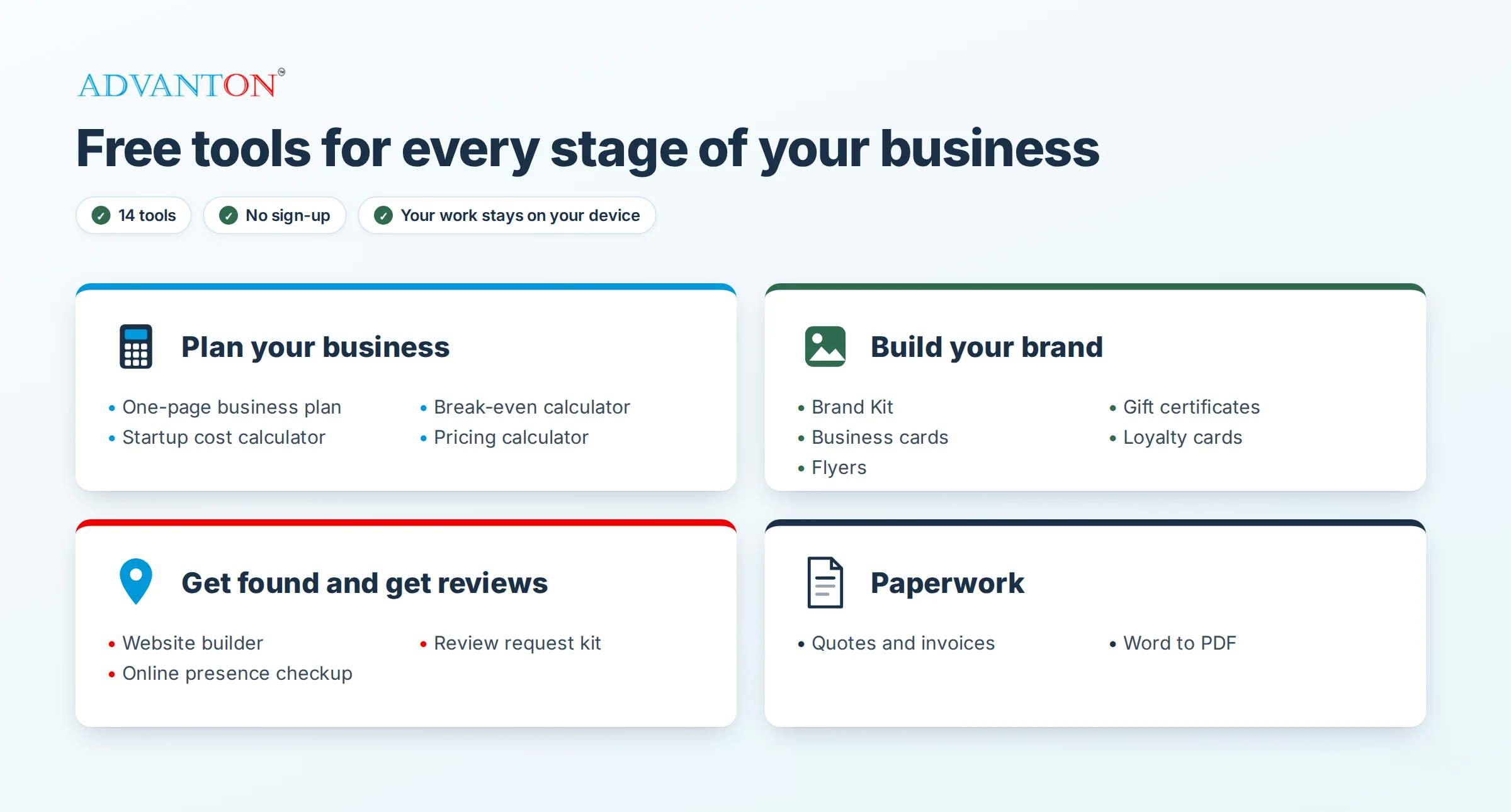 Advanton's 14 free tools grouped into planning, branding, getting found and paperwork