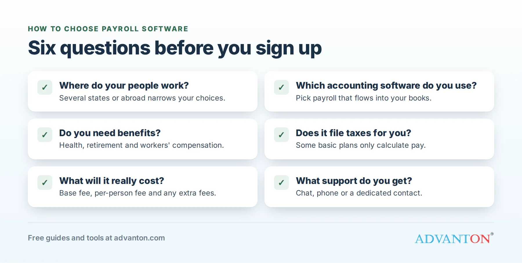 How to choose payroll software: team size and location, accounting software, benefits needs and support