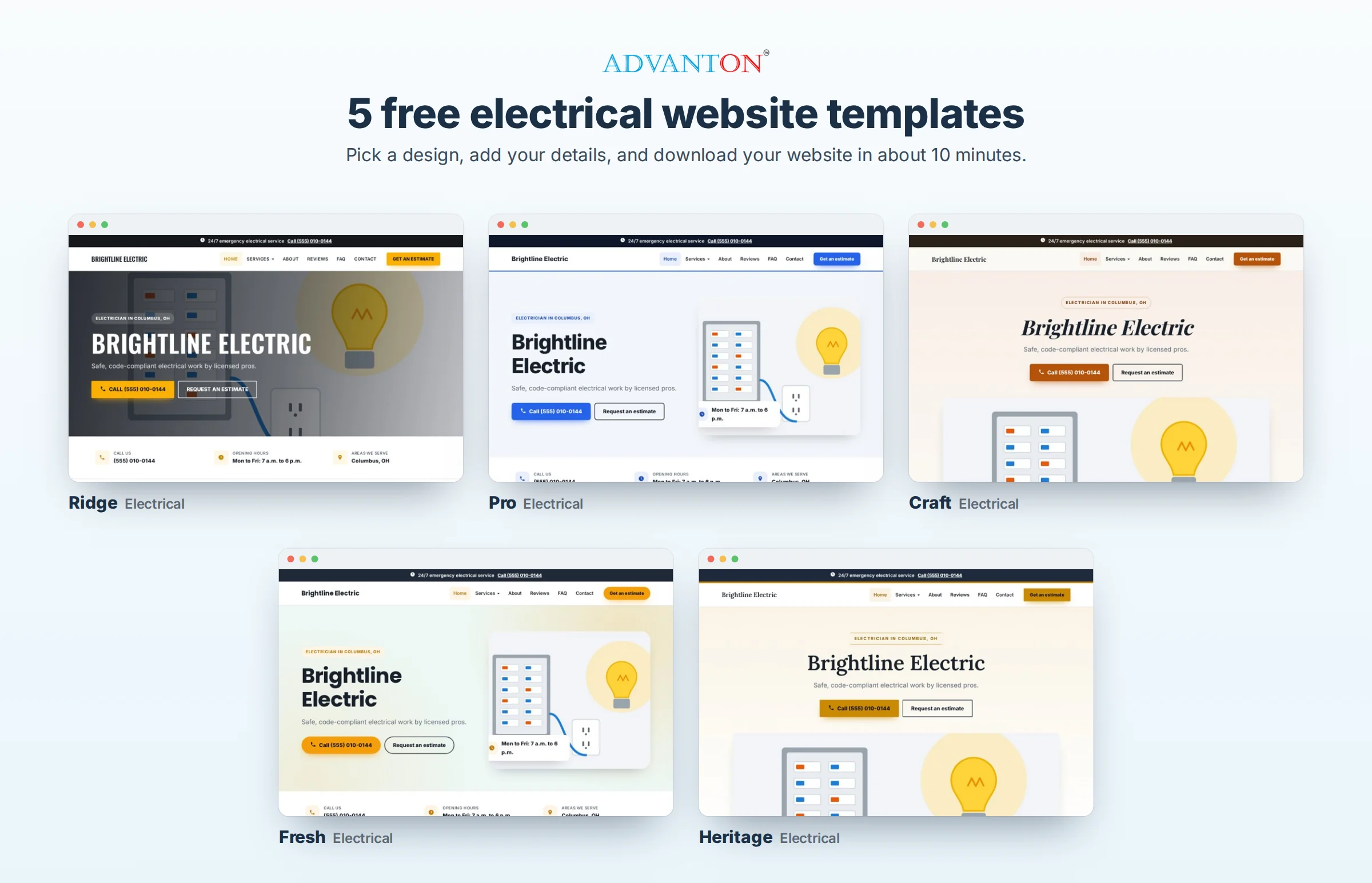 5 free electrical website templates: Ridge, Pro, Craft, Fresh and Heritage