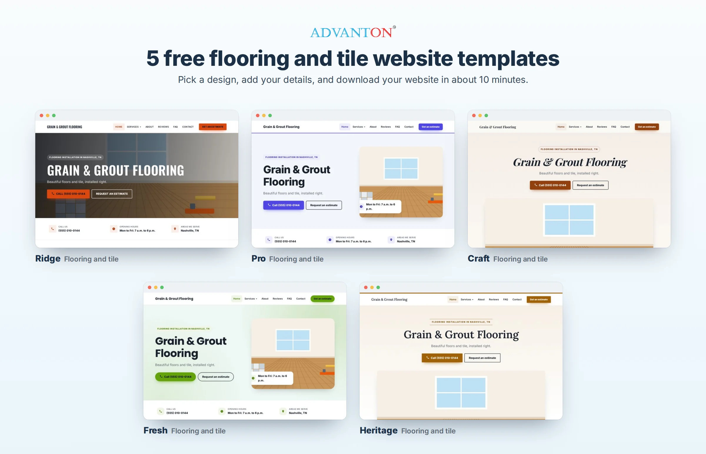 5 free flooring and tile website templates: Ridge, Pro, Craft, Fresh and Heritage