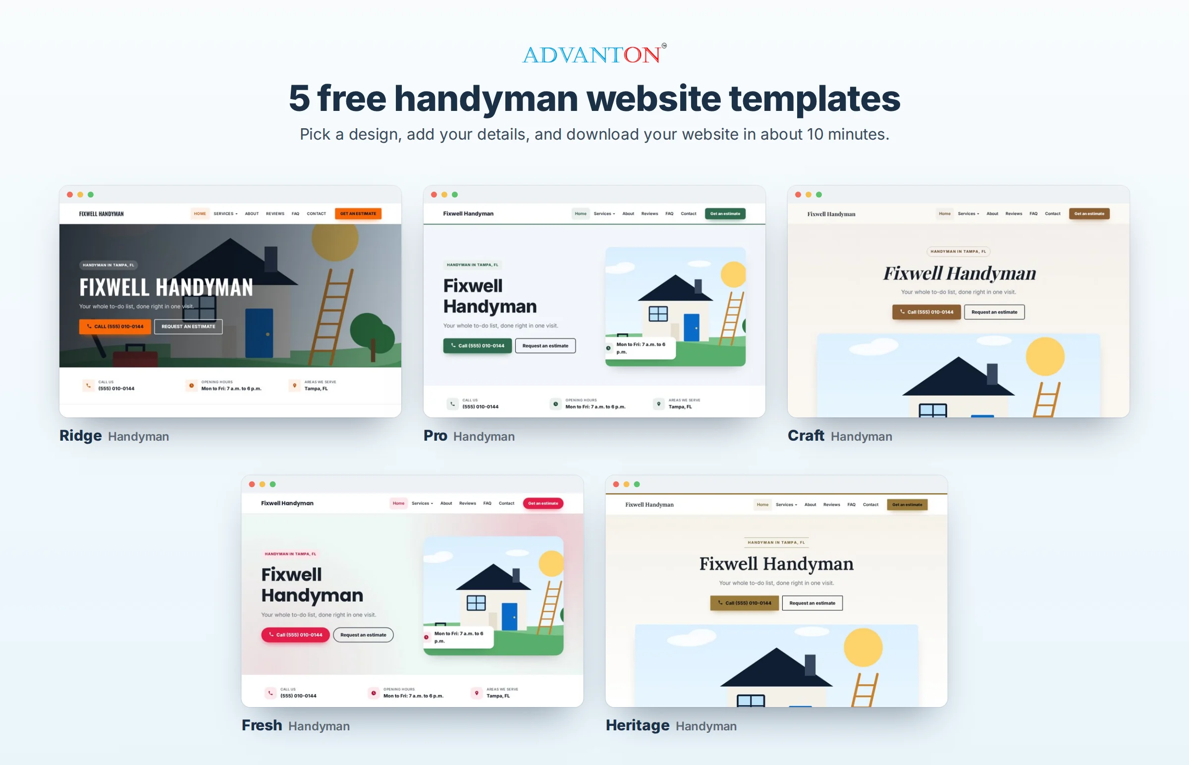 5 free handyman website templates: Ridge, Pro, Craft, Fresh and Heritage