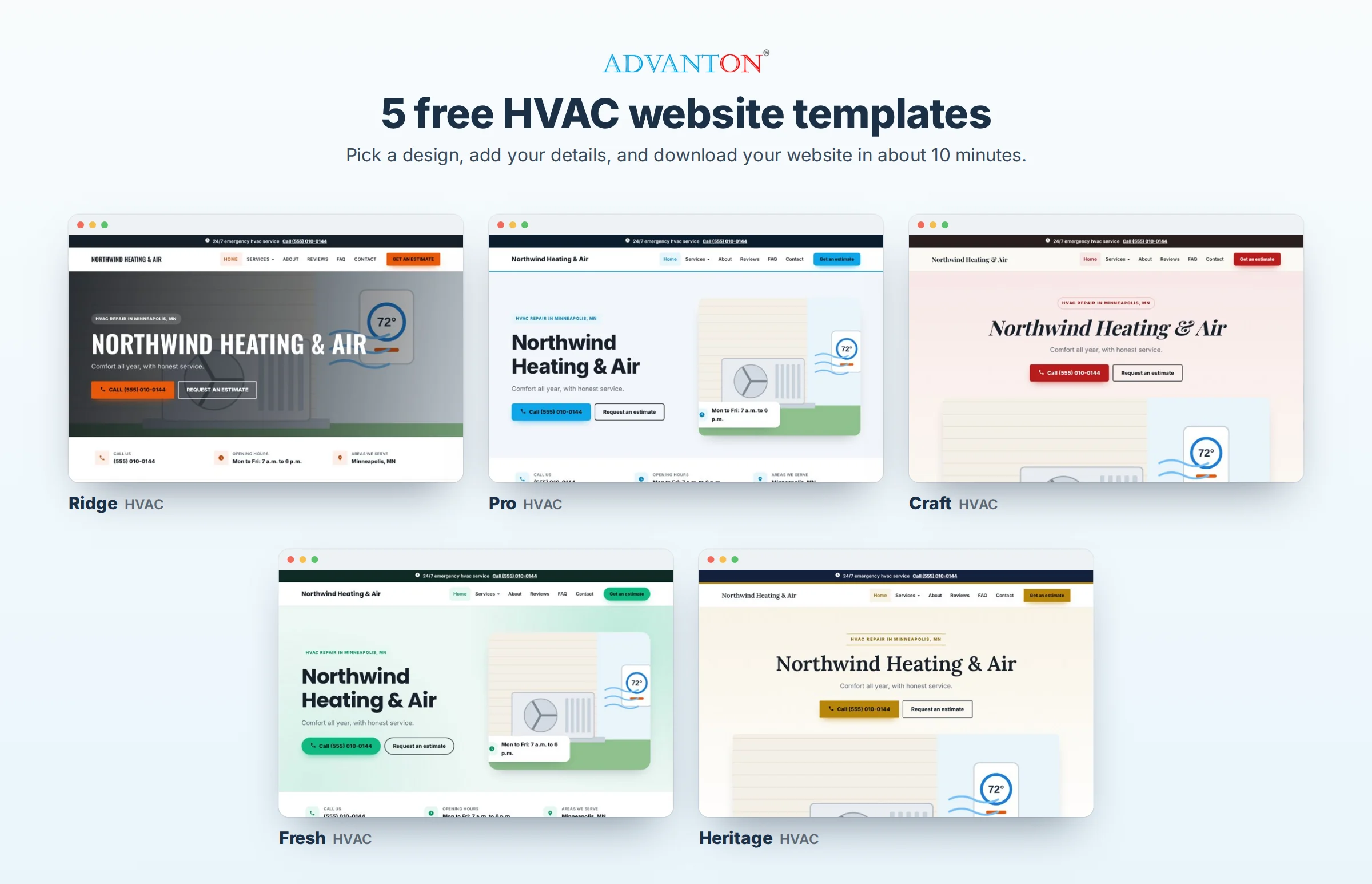 5 free HVAC website templates: Ridge, Pro, Craft, Fresh and Heritage