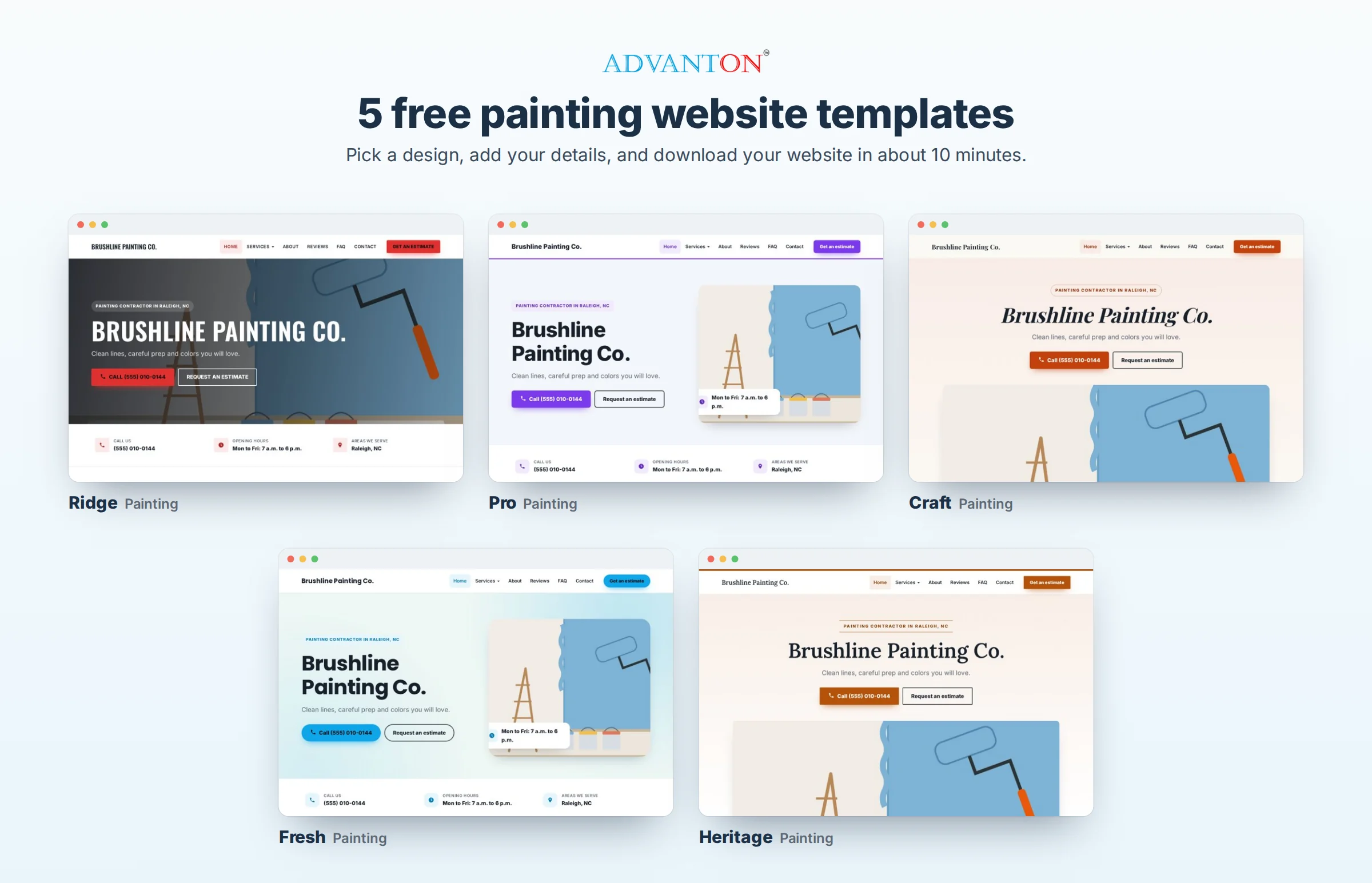 5 free painting website templates: Ridge, Pro, Craft, Fresh and Heritage