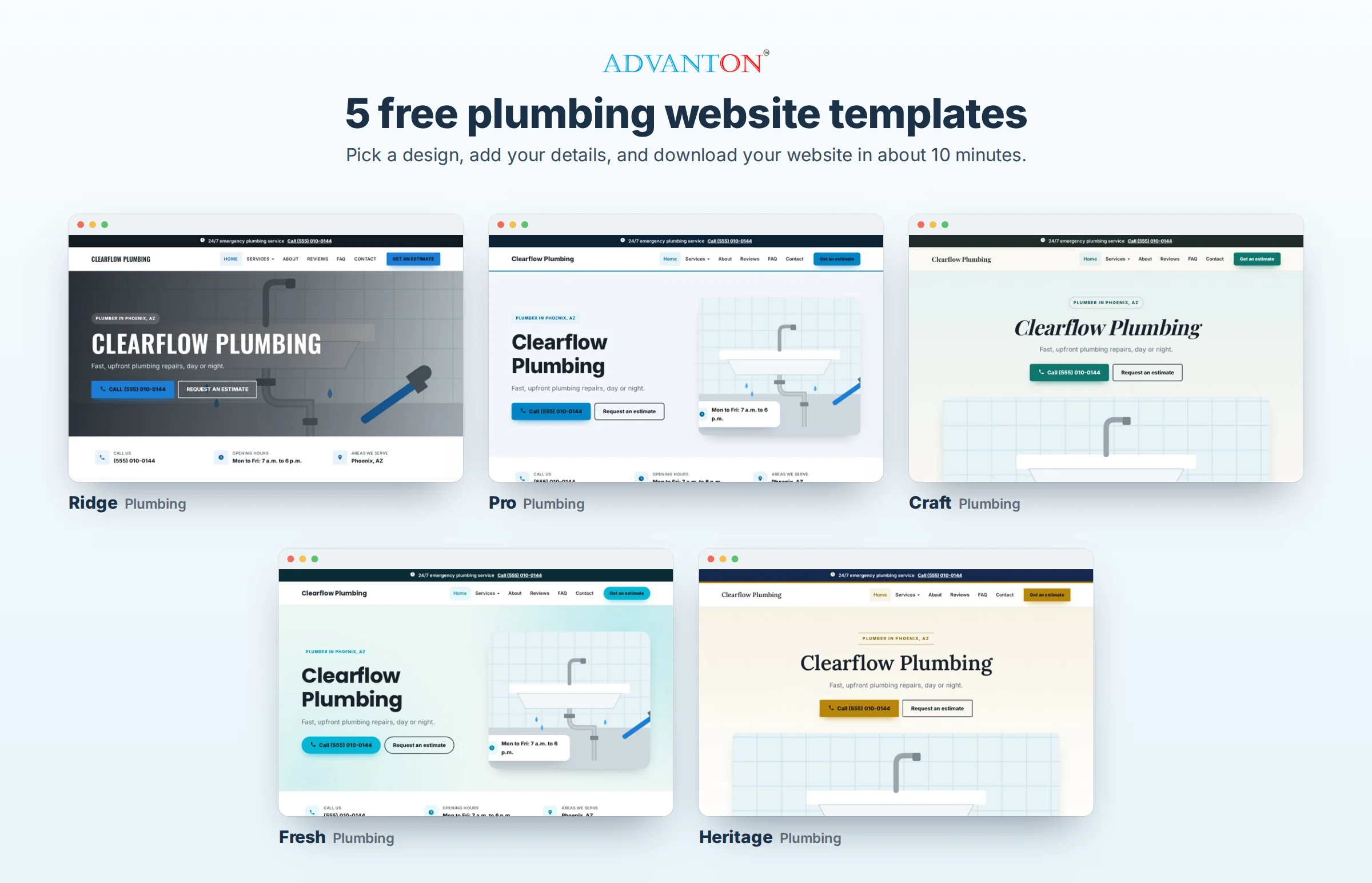 5 free plumbing website templates: Ridge, Pro, Craft, Fresh and Heritage