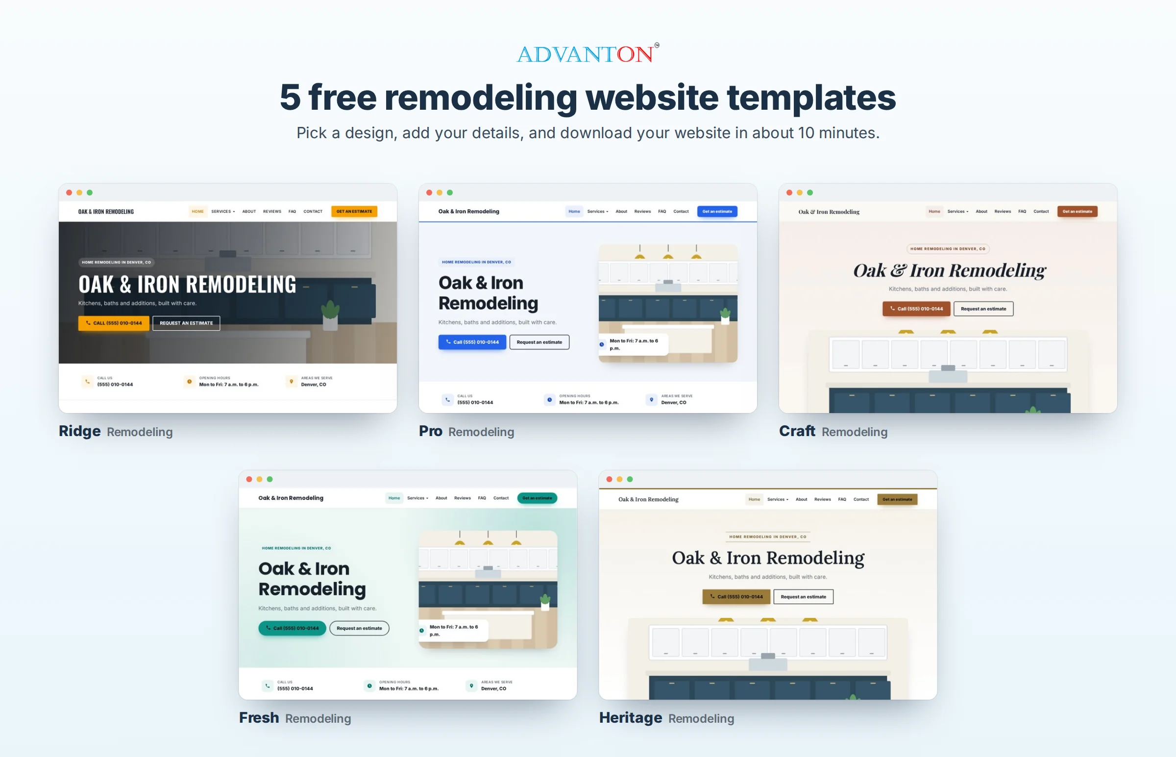 5 free remodeling website templates: Ridge, Pro, Craft, Fresh and Heritage