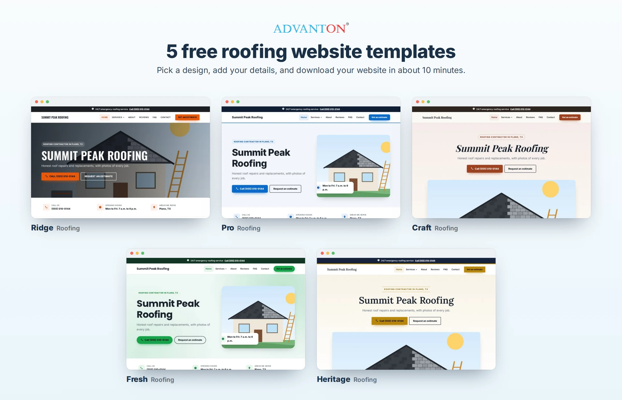 5 free roofing website templates: Ridge, Pro, Craft, Fresh and Heritage