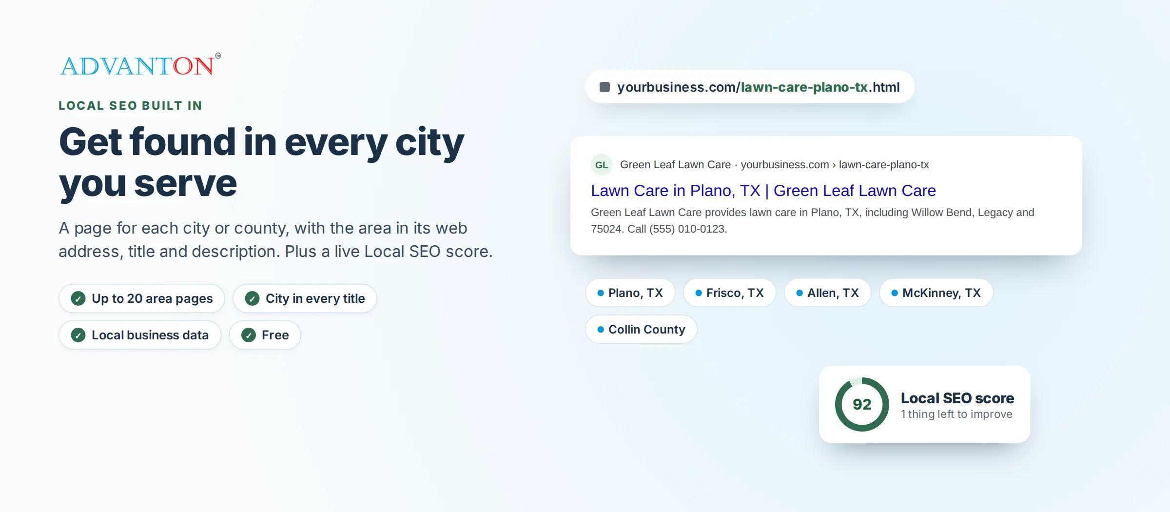 Local SEO built in: a page for every city you serve, with a live Local SEO score