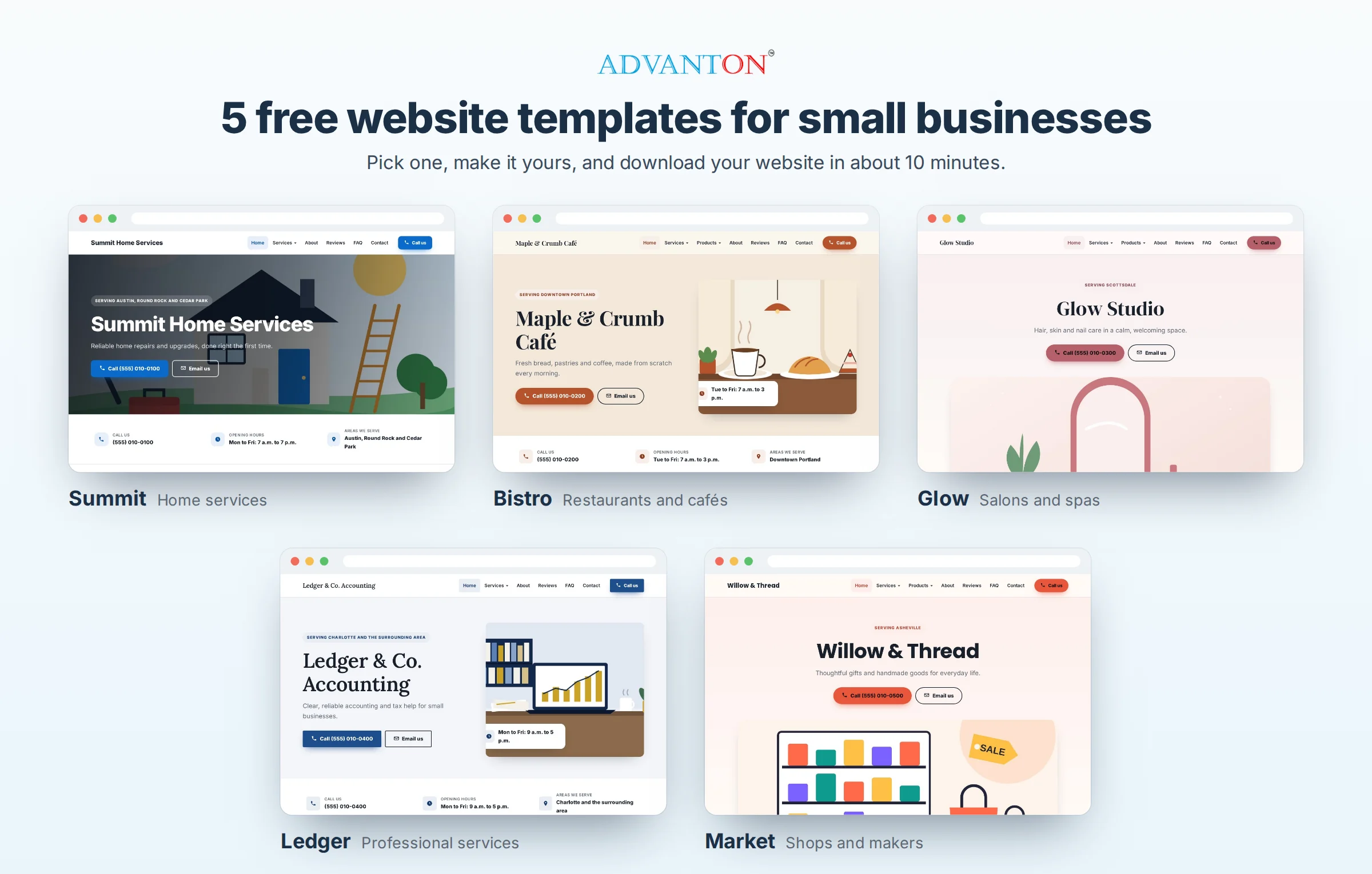 Five free website templates: Summit for home services, Bistro for restaurants and cafés, Glow for salons and spas, Ledger for professional services, and Market for shops and makers