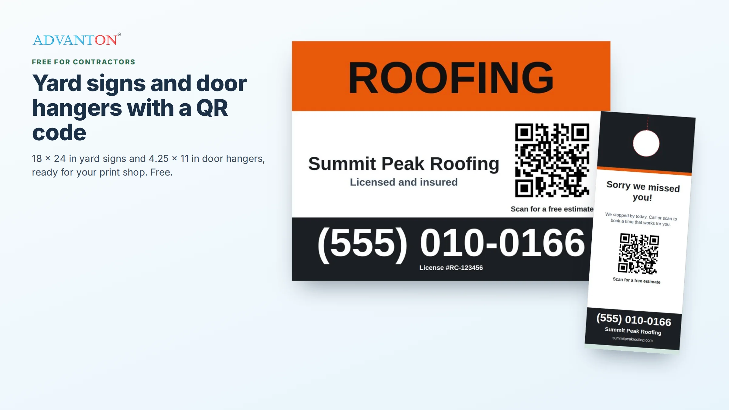 Yard signs and door hangers with a QR code, made with Advanton's free maker